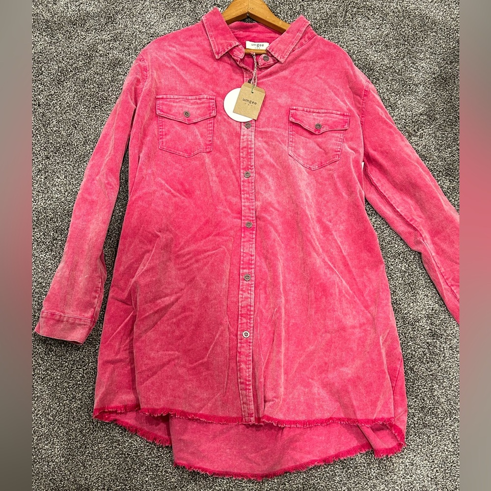 Hot pink corduroy button up shirt/dress- size medium